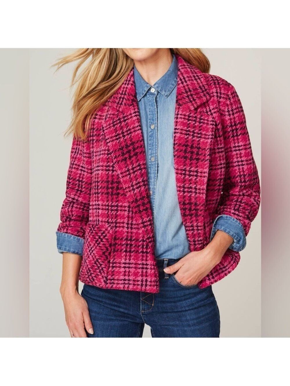 New J. Jill Chenille Tweed Pink Red Plaid Open Front Jacket Pockets size large